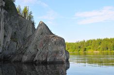 a large rock sitting on the side of a river next to a lush green forest