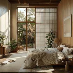 a large bed sitting in a bedroom next to a tall glass window with plants on it