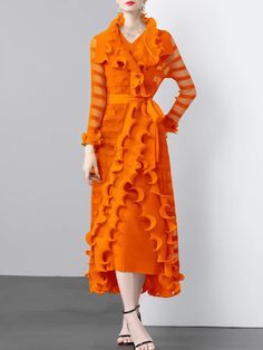 41523559628861 Orange Long Sleeve Formal Midi Dress, Formal Orange Long Sleeve Midi Dress, Long Sleeve Orange Midi Dress For Work, Orange Long Sleeve Midi Dress For Work, Pleated Coat, Long Cardigan Coat, Coat Set, Dress Coat, Versatile Outfits