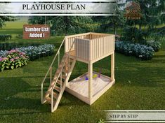 a wooden play house with stairs in the grass