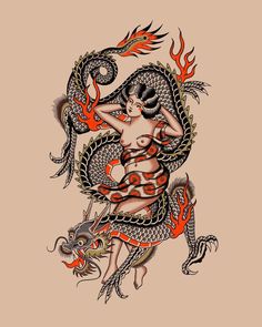 a drawing of a woman sitting on top of a dragon with fire coming out of her body