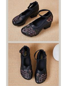 Ethnic Style Ankle Strap Embroidery Chunky Heels — Obiono Floral Chunky Heels, Traditional Handmade Leather Shoes With Round Toe, Spring Black Heels With Floral Embroidery, Embroidered Black Summer Heels, Embroidered Chunky Heels, Chunky Heels Sandals, Winter Boots Women, Chunky Boots, Womens Sandals Flat