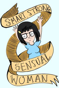 a cartoon girl with glasses holding up a ribbon that says smart strong, gensual woman