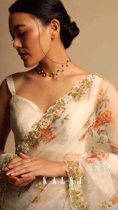 White Sari, Feminine Prints, Indian Sari Dress, Indian Outfits Lehenga, Kalki Fashion, Blouse Back Neck Designs