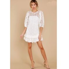 Nwot Sweet Love White Lace Dress Size Xs. This One Of A Kind Lace Dress Features Sheer Lace Detailing, Three Quarter Sleeves With Elastic Cuffs And A Functional Zipper At Back. 90% Polyester And 10% Spandex. White Mini Dress With Ruffle Hem, Mini Lace Dress With Lace Trim For Brunch, White Ruffle Hem Mini Dress, White Knee-length Mini Dress With Ruffle Hem, White Mini Hem Dress With Ruffles, Summer Mini Dresses With Lace Sleeves, Date Night Knee-length Mini Dress With Lace Trim, Flirty Spring Dress With Lace Sleeves, Flirty Short Sleeve Dress With Lace Trim