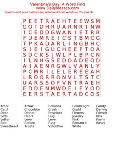 the valentine's day word search is shown in red and white, as well as other words