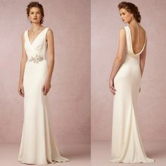 two pictures of a woman in a white dress and one is wearing an open back gown