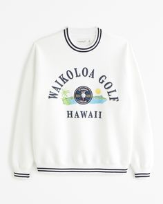 Gender Inclusive Hawaii Golf Graphic Crew Sweatshirt | Gender Inclusive Gender Inclusive | Abercrombie.com Sporty Spring Sweater With Embroidered Logo, Collegiate Crew Neck Sweatshirt With Logo, White Ribbed Collar Sweatshirt For Spring, White Oversized Sweatshirt For Sports Season, Collegiate Crew Sweatshirt With Graphic Print, Collegiate Graphic Print Crew Neck Sweats, Sporty Tops With Embroidered Logo In French Terry, White Collegiate Sweatshirt With Relaxed Fit, White Varsity Top With Ribbed Cuffs