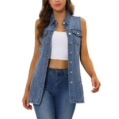 Turn down collar and button down front give timeless appeal to this simple and stylish denim vest. This jean vest jacket is made of soft and breathable denim cotton. Falls to mid-thigh for an elegant look that is slimming, flattering and comfortable to wear. Featuring sleeveless mid-blue washed denim, wear this over a dress, shirt with sock boots, heels for a modern chic look. Occasion: Shopping, Daily Wear, Shopping, School, Travel, Hanging Out, Weekend Gathering, etc. Measurement (in inches) S Cardigan Vest Sleeveless, Long Sleeveless Cardigan, Womens Denim Vest, Jean Jacket Vest, Trendy Jeans, Denim Wear, Sock Boots, Jean Vest, Jean Jacket Women