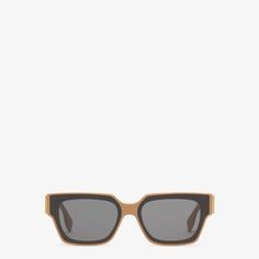 Rectangular Fendi First glasses in beige acetate. Temples with oversize diagonal F motif in gold-coloured metal. Smoke-grey lenses. Made in Italy. One Size Fendi First, Acetate Sunglasses, Grey Lenses, Color Oro, Sunglasses Accessories, Sunnies, Metallica, Gold Color, Fendi