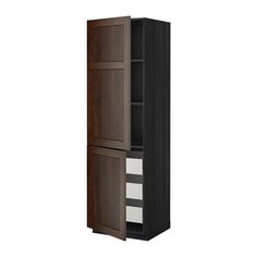 a tall cabinet with two doors and drawers on one side, the door is open to reveal