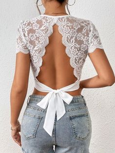 Backless Crop Top, Lace Splicing, Cropped Tops, Mein Style, All Fashion, White Lace, Blouse Designs, Womens Tees, Summer Outfits