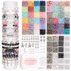 several different types of beaded bracelets and beads in various shapes, sizes and colors