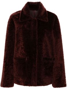 bordeaux red leather reversible smooth grain classic collar long sleeves two side patch pockets straight hem front press-stud fastening Burgundy Lapel Collar Outerwear For Fall, Classic Fur Coat With Padded Collar For Fall, Classic Long Sleeve Fur Coat With Padded Collar, Classic Red Outerwear With Hidden Button Closure, Red Classic Outerwear With Hidden Button Closure, Brown Winter Outerwear With Concealed Fastening, Fall Burgundy Single Breasted Outerwear, Brown Collared Outerwear With Hidden Button Closure, Classic Burgundy Outerwear For Work