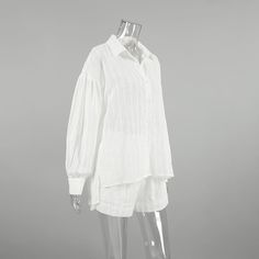 Women's Summer 2Piece Set White Striped Jacquard Shirt Top and Short Pant Casual Long Sleeve Two-piece Set For Summer, Collared Cotton Sets For Day Out, Cotton Collared Sets For Day Out, White Relaxed Fit Collared Set, Cotton Two-piece Long Sleeve Sets, Cotton Two-piece Set With Long Sleeves, Long Sleeve Two-piece Loungewear Top, Casual Long Sleeve Pant Set For Daywear, Two-piece Long Sleeve Loungewear Top