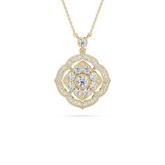 Step into the allure of timeless elegance with our Round Diamond Vintage Shield Fashion Pendant, an extraordinary design inspired by classic motifs. Featuring a central lab-grown diamond surrounded by intricate details, this pendant offers a refined balance of vintage charm and modern luxury. Available in 14K White, Yellow, or Rose Gold, it is an impeccable choice for those with a discerning eye for sophisticated jewelry. Material: 14K White, Yellow, or Rose Gold Chain Length: 18 Inches Diamond Elegant Diamond Necklace With Intricate Pendant Design, Elegant Filigree Diamond Pendant Necklace, Timeless Diamond Pendant Necklace, Elegant Formal Diamond Necklace With Filigree, Elegant White Gold Filigree Diamond Necklace, Elegant White Gold Diamond Necklace With Filigree, Elegant Flower Pendant Diamond Necklace For Wedding, Elegant Wedding Diamond Necklace With Flower Pendant, Elegant Filigree Diamond Necklace For Gift