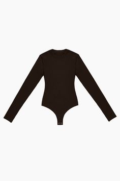 Designed with a classic crew neck and long sleeves, this bodysuit offers a sleek, streamlined look. Crafted from high-quality, stretchy fabric, it contours your body, providing a smooth, flattering silhouette. The lightweight material ensures breathability and comfort, making it ideal for all-day wear. Whether layered under clothes for a seamless finish or worn alone for a chic, form-fitting look, this shapewear bodysuit is a versatile addition to any wardrobe, enhancing your natural shape with Sleek Long Sleeve Bodysuit With Minimal Stretch, Sleek Second-skin Bodysuit With Thumbholes, Fall Elastane Bodysuit, Elastane Bodysuit For Fall, Solid Color Elastane Bodysuit For Fall, Sleek High Stretch Long Sleeve Bodysuit, Solid Color Long Sleeve Elastane Leotard, Solid Long Sleeve Elastane Leotard, Sleek Long Sleeve High Stretch Leotard