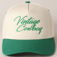 Vintage Cowboy Embroidery Two-Tone Baseball Cap - "Vintage Cowboy" Text Embroidery - 5 Panel Canvas Baseball Cap - 100% Cotton - Adjustable Buckle Closure - Embroidered In USA *One Size Fits All - Adjustable Strap Makes Fit Comfortable.* The VANTAGE Two-Tone Embroidery Trucker Hat blends style and functionality with its distinctive design. The hat features a two-tone color scheme, combining a vibrant or contrasting color on the front panels with a complementary. The embroidered detailing on the Retro Cotton Trucker Hat With Letter Print, Vintage Trucker Hat With Letter Print And Curved Brim, Vintage Trucker Hat With Letter Print, Vintage Cotton Snapback Hat With Embroidered Logo, Vintage Letter Print Trucker Hat, Vintage White Cotton Dad Hat, Vintage Snapback Dad Hat With Embroidered Logo, Retro Adjustable Dad Hat With Embroidered Logo, Vintage Green Dad Hat With Curved Bill