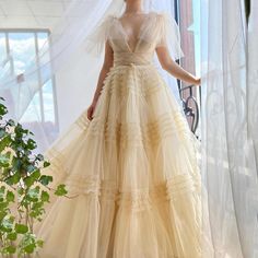 Deep V-Neck Crumpled Tiered Tulle Long Sleeveless Prom Dress Couture Dior, Teuta Matoshi, V Neck Prom Dresses, Prom Dresses Sleeveless