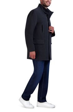 A stand collar brings an extra layer of warmth and cool-weather protection to a hearty wool-blend jacket detailed with a sleek box-pleat zip pocket at the chest and hand-warming flap pockets at the waist. 33" length (size M) Stand collar Long sleeves Front button closure 60% wool, 30% polyester, 5% viscose, 5% other fibers Dry clean Imported Model stats: 6'1" height, 32" waist. Model is wearing size M. Gray Winter Outerwear With Zip Fly, Casual Gray Wool Coat With Pockets, Winter Outerwear With Welt Pockets And Stand Collar, Gray Wool Outerwear With Pockets, Winter Outerwear With Stand Collar And Welt Pockets, Modern Outerwear With Stand Collar For Winter, Gray Fitted Wool Coat With Pockets, Winter Tailored Pea Coat With Pockets, Tailored Winter Pea Coat With Pockets