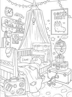 a black and white drawing of a child's bedroom