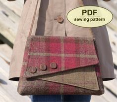 a woman is holding a handbag with buttons on it and the text, sewing pattern