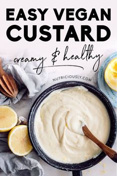 a pan filled with creamy and healthy vegan custard next to sliced lemons