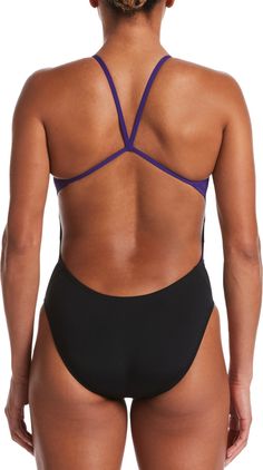 Fit & Design: Narrow straps for maximum mobility Cutout back and sides for a minimalist look Standard bottom coverage High leg cut sits above the hip Fully lined for comfort and coverage Flat seams increase comfort against the skin Heat transfer Swoosh logo Technology: Nike® HydraStrong fabric ensures lasting durability Fitted Purple Sports Swimwear, Sporty Stretch Purple Swimwear, Nylon Swimwear For Water Sports, Short Length, Fitted Purple One-piece Swimwear For Pool, Nike Nylon Moisture-wicking Swimwear, Logo Technology, Nike Swimsuit, Cutout One Piece, Female Muscle