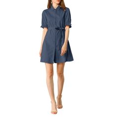 This shirt dress comes short ruffled sleeve with a flattering tie waist and soft cotton fabric. This A-line dress in a solid hue offers a variety of styling options. Wear yours with heels for a vintage look, perfect for daily wear or weekend events. Model Body Size: Height: 5'9", Chest: 33 inches, Waist: 22 4/5 inches, Hip: 35 inches, Shoulder Length: 15 2/5 inches, Weight: 114 1/2 lbs, the model is wearing an X-Small. Measurement (in inches) International Size--------Chest Girth--------Waist Girth--------Shoulder Width--------Total Length XS------------------------------36 5/8--------------30 3/8--------------14 7/8--------------35 5/8 S--------------------------------38 5/8--------------32 1/4--------------15 3/8--------------36 1/4 M-------------------------------40 1/2--------------34 Cotton Short Sleeve Dress For Day Out, Collared Cotton Shirt Dress In Solid Color, Summer Cotton Shirt Dress In Solid Color, Summer Cotton Solid Color Shirt Dress, Cotton Solid Color Shirt Dress For Summer, Cotton Solid Color Shirt Dress For Daywear, Cotton Shirt Dress In Solid Color For Daywear, Spring Knee-length Short Sleeve Dress In Solid Color, Ruffled Short Sleeve Dress For Day Out