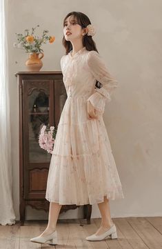 Rose Twinkle Midi Dress (Cream) – Megoosta Fashion Fairy Academia, Midi Skirt Set, Tiered Midi Skirt, Lace Cuffs, Ruffled Neckline, Dress Cream, Sheer Chiffon, Overall Dress, Printed Dress