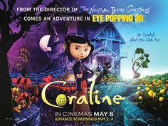 the poster for coraline is shown with an animated character in front of a house