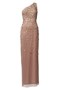 a pink dress with gold sequins on the shoulders and one shoulder is shown