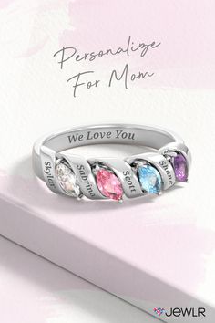 Visually stunning in an explosion of sparkle, this mother's ring represents the ones you love with sparkling accents. Design yours in silver or gold and add a special engraving to create beautiful personalized jewelry for mom or the best gift for mom. #Jewlr #MothersDayGift #PersonalizedJewelry #GiftForMom #MothersRing Personalized Jewelry For Mom, Mother's Ring, Best Gift For Mom, Jewelry For Mom, Best Gifts For Mom, Spiral Shape, Mother Rings, Mothersday Gifts, Perfect Gift For Mom