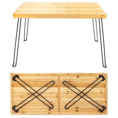 a wooden table with two metal legs and a wood box underneath it that has handles on each side