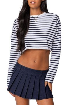 A staple you'll turn to time and again, this striped crop top layers well and looks great on its own. Crewneck Long sleeves 95% cotton, 5% spandex Machine wash, dry flat Imported Crop Top Layering, Cotton Crop Top, Cropped Long Sleeve, Swimwear Dress, Striped Crop Top, Designer Clothes For Men, Modern Outfits, Women's Summer Fashion, Trendy Tops