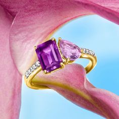 Ross-Simons - 2.30ct t. w. Tonal Amethyst Toi et Moi Ring, .11ct t. w. Diamonds. Size 7. French for "you and me," Toi et Moi rings are a unique way to celebrate a special relationship in your life. Wear our on-trend, two-stone designs as a sentimental symbol of romance, friendship, family - or simply treat yourself to double the sparkle! This tonal beauty features a 1.60 carat emerald-cut purple amethyst beaming beside a lovely .70 carat pear-shaped light purple amethyst on a slender 14kt yellow Amethyst Birthstone, Beauty Features, February Birthday, Fine Jewelery, Stone Design, Round Brilliant Cut Diamond, Purple Amethyst, Emerald Cut, Light Purple