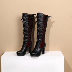 Customized Product. is not eligible for return. Ship In 5-12 Days.Fabric Material: PuColor: Red. BlackHeels Height: 9cm/3.55" Red Lace-up Heels With Reinforced Heel, Gothic High Heel Shoes For Fall, Gothic High Heel Heels For Fall, Red Synthetic Lace-up Boots, Red Block Heel Boots For Party, Red Heels With Buckle Closure And Round Toe, Red Round Toe Heels With Buckle Closure, Red Round Toe Heeled Boots For Party, Gothic Round Toe Heels For Evening