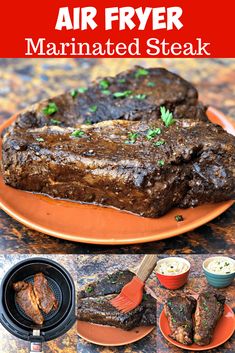 there is a plate that has some food on it and the words air fryer marinated steak