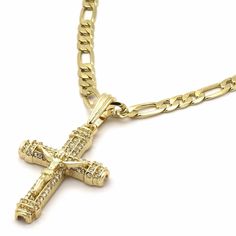 Brand New! High Quality 14k Plating And Real Gold. Figaro Chain! Yellow Gold Cross Jewelry With Figaro Chain, Gold Crucifix With Figaro Chain Jewelry, Gold High Fashion, Wolf Pendant Necklace, Mens Cross Necklace, Figaro Chain Necklace, Chakra Pendant, Letter Pendant Necklace, Figaro Chains