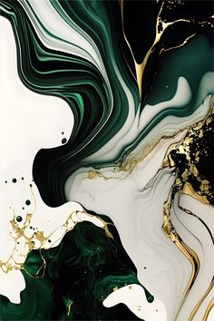 an abstract painting with gold, black and white colors on it's surface is shown