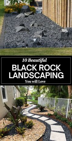 black rock landscaping with text overlay that reads 10 beautiful black rock landscaping you will love