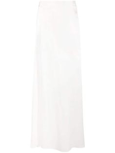 white satin finish high-waisted floor-length White Relaxed Full Length Skirt, White Relaxed Full-length Maxi Skirt, White Silk Skirt For Summer, White Full-length Maxi Dress For Formal Occasions, White Satin Full Length Dress, Chic White Silk Maxi Skirt, Chic White Floor-length Maxi Skirt, White Formal Maxi Skirt For Spring, Spring Formal White Maxi Skirt