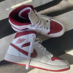 Great Pair Of Sneakers Red And White Shoes, Jordan Ones, Nike Air Jordan Retro, Air Jordan Retro, Red Sneakers, Sneaker Games, Nike Shoes Women, Jordan Retro, White Shoes