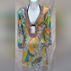 Bring The Shine To Beach Day When You Pull This Sequin-Embellished Cover-Up Over Your Swimsuit! The Deep-V Neckline Is Trimmed In A Wide Sparkly Outline, With Matching Detailing Surrounding The Sleeve Cuffs For Extra Glimmer. Bright And Colorful Size Medium Nwot ***Black Top Not Included*** Multicolor V-neck Party Swimwear, Beach V-neck Embellished Dress, V-neck Embellished Beach Dress, Embellished V-neck Beach Dress, Embellished Dresses For Beach Season, Multicolor Long Sleeve Swimwear For Party, One-piece Beachwear Tops For Vacation, Beachwear One-piece Tops For Vacation, Multicolor Long Sleeve Party Swimwear