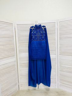 Royal blue fringes pageant fun fashion outfit with chiffon cape and lace dress/ Girls teens custom pageant rhinestones runway outfit This beautiful dress is made out of high quality satin, lace, chiffon and fringes. The outfit has viscose lining and zipper back. It comes in cocktail lenght. It is easy to care and comfortable to wear. The lace is decorated with rhinestones. They shine very bright on stage. The dress is perfect for fun fashion competition and other pageant events. It is absolutely Embellished Cape Dress For Party, Embellished Cape Gown For Party, Fitted Sequin Cape Dress, Fitted Cape Dress With Sequins, Glamorous Floor-length Dress With Tassels, Glamorous Blue Sets For Party, Glamorous Blue Party Sets, Elegant Royal Blue Party Sets, Fitted Wedding Sets With Tassels