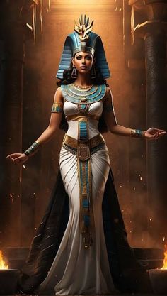 an egyptian woman dressed in white and gold with fire coming out of her chest,