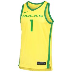 When it's Oregon Ducks basketball season, you'll always be ready to cheer them to victory when you have this Replica jersey from Nike. The design features authentic team graphics on the front and back for a little extra Oregon Ducks pizzazz. This jersey is also equipped with moisture-wicking Dri-FIT technology and Nike Dry fabrics for reliable comfort throughout every game this year. Sleeveless Officially licensed Heat-sealed graphics Material: 100% Polyester Dri-FIT technology wicks away moistu Varsity Basketball Jersey In Team Colors, Collegiate Basketball Jersey, Basketball Team Jersey In Cotton, Basketball Jersey With Team Name In Cotton, Basketball Team Name Cotton Jersey, Sleeveless Collegiate Jersey For Game Day, Collegiate Sleeveless Jersey For Sports Events, Collegiate Sleeveless Sports Jersey, Collegiate Style Sleeveless Jersey For Sports Events