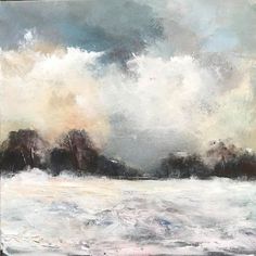 an abstract painting with white and grey colors on the water, trees in the background