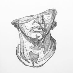 a black and white drawing of a man's head with dots in the background