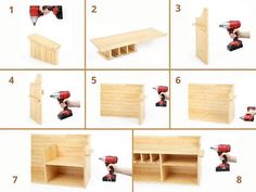 instructions to build a diy bookcase with drawers and drill holes on the sides